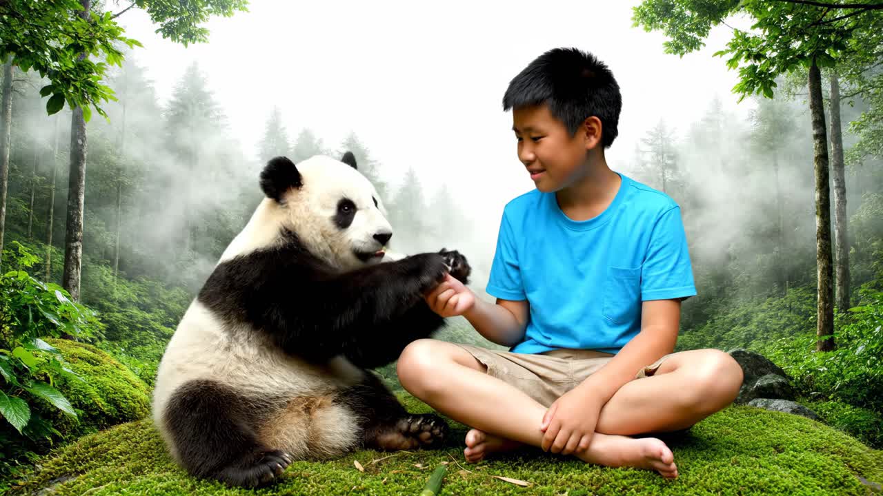 Boy and Panda in the Forest