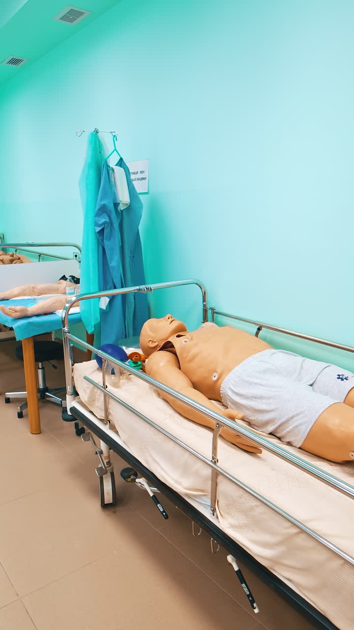 Dummy patient in university room. Fummy doll for practice exercise in university room