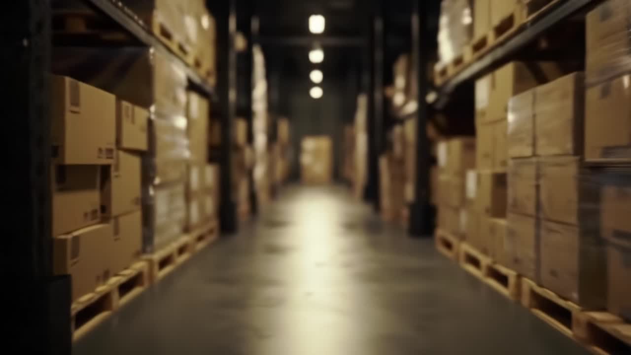 A Glimpse into the Organized Chaos of a Warehouse: Efficient Aisles Filled with Neatly Stacked Boxes and Ambient Lighting Creating a Functional Storage Space