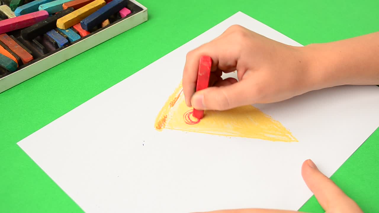 The children's drawing on paper. Drawing of pizza