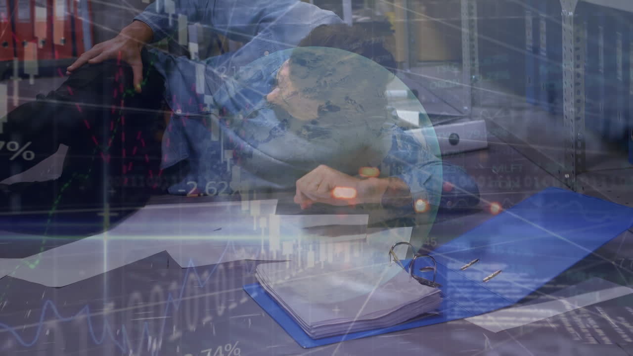 금융 데이터 처리의 애니메이션, 이진 코딩, 지구상에서 사무실에서 자고 있는 사람