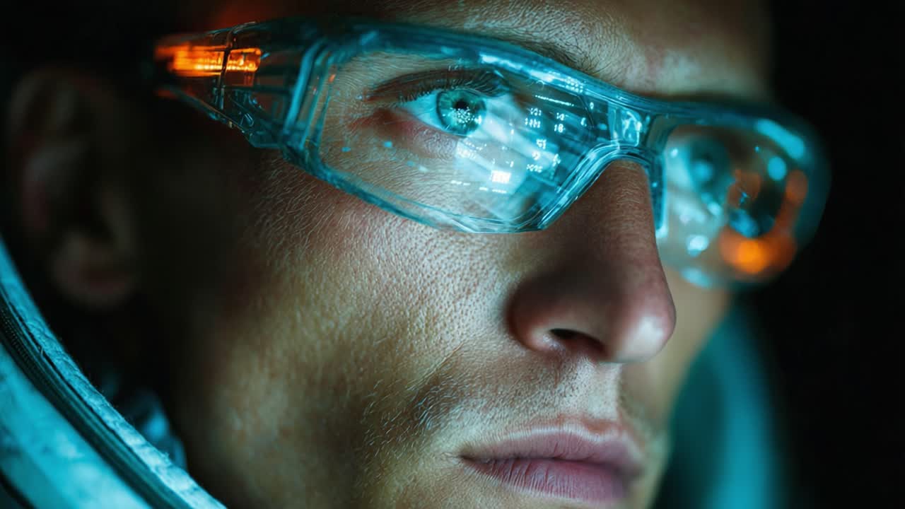 An Intense Exploration into the Unknown: A Close-Up on an Astronaut's Face Highlighted by Advanced Technology in a Dark Environment within Their Space Helmet