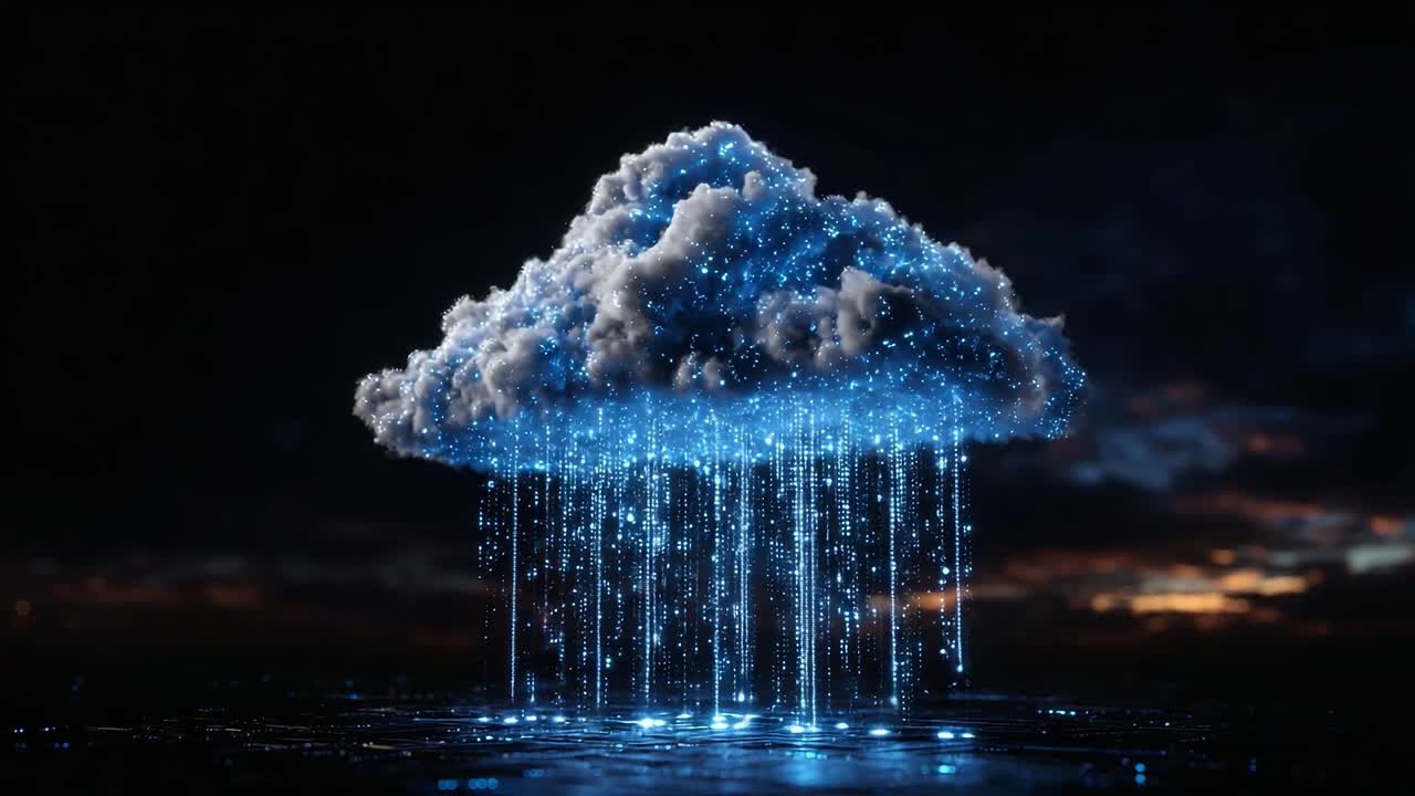 Mesmerizing Digital Cloud Formation with Cascading Blue Rainfall in a Dark Mystical Landscape Capturing Stunning Visual Effects and Ethereal Aura