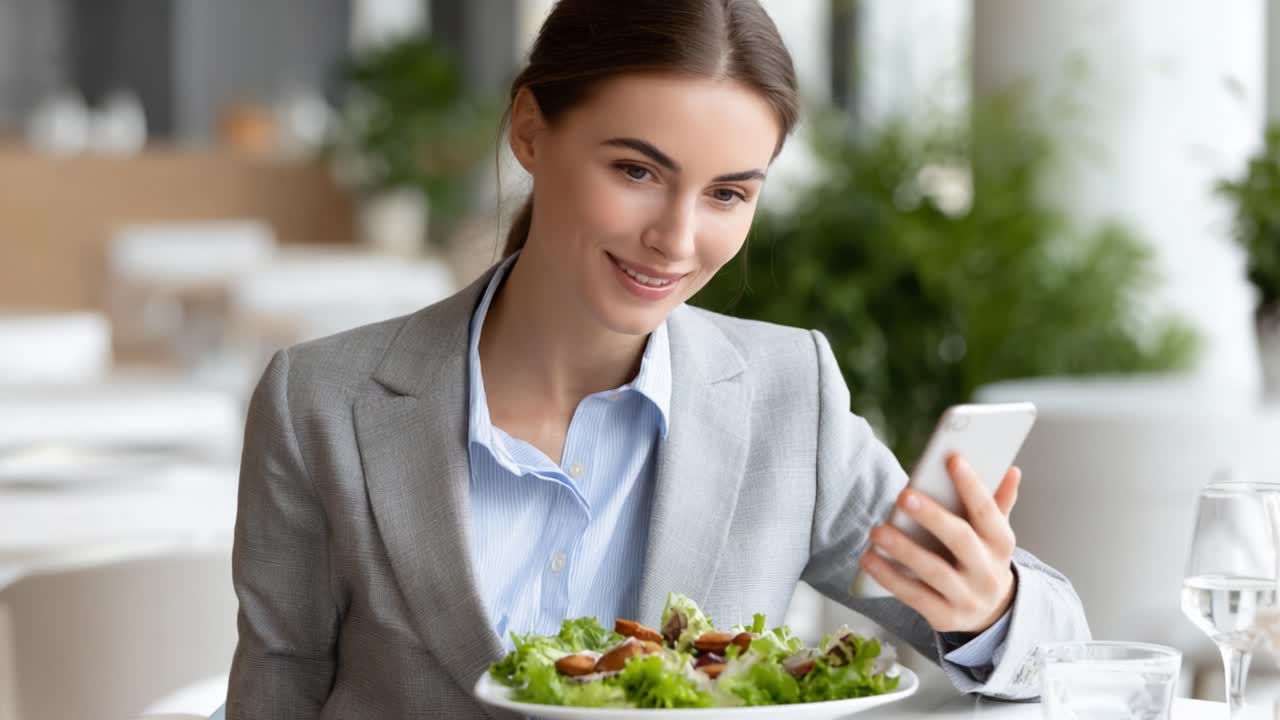 A professional woman in a business suit enjoying a fresh salad while using her smartphone at a modern restaurant, smiling and engaged during her meal