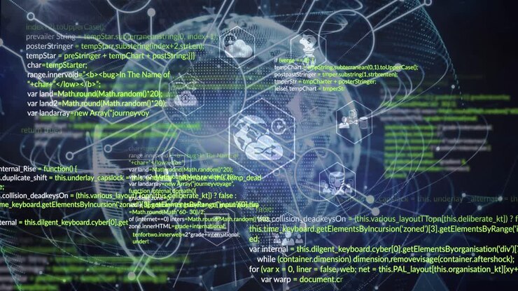 Animation of digital screen with data, connections and globe on navy background
