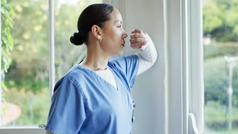 window, thinking and doctor with stress