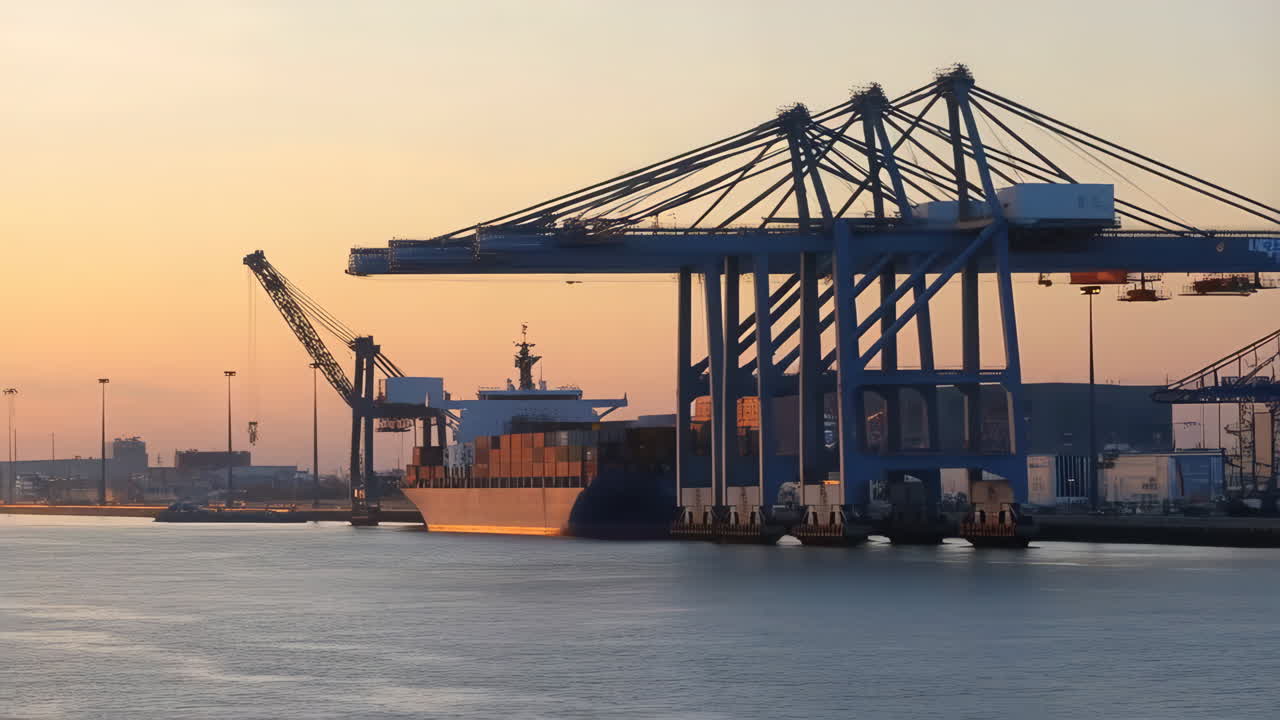 Container Ship Docked at Port During Golden Hour with Gantry Crane