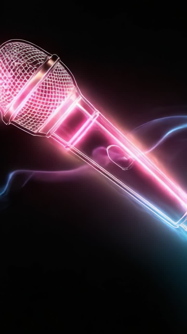 A Stunning Neon Microphone Glowing with Dynamic Colors, Captured in Two Frames Showcasing Its Vivid Appeal and Intricate Design Against a Dark Background