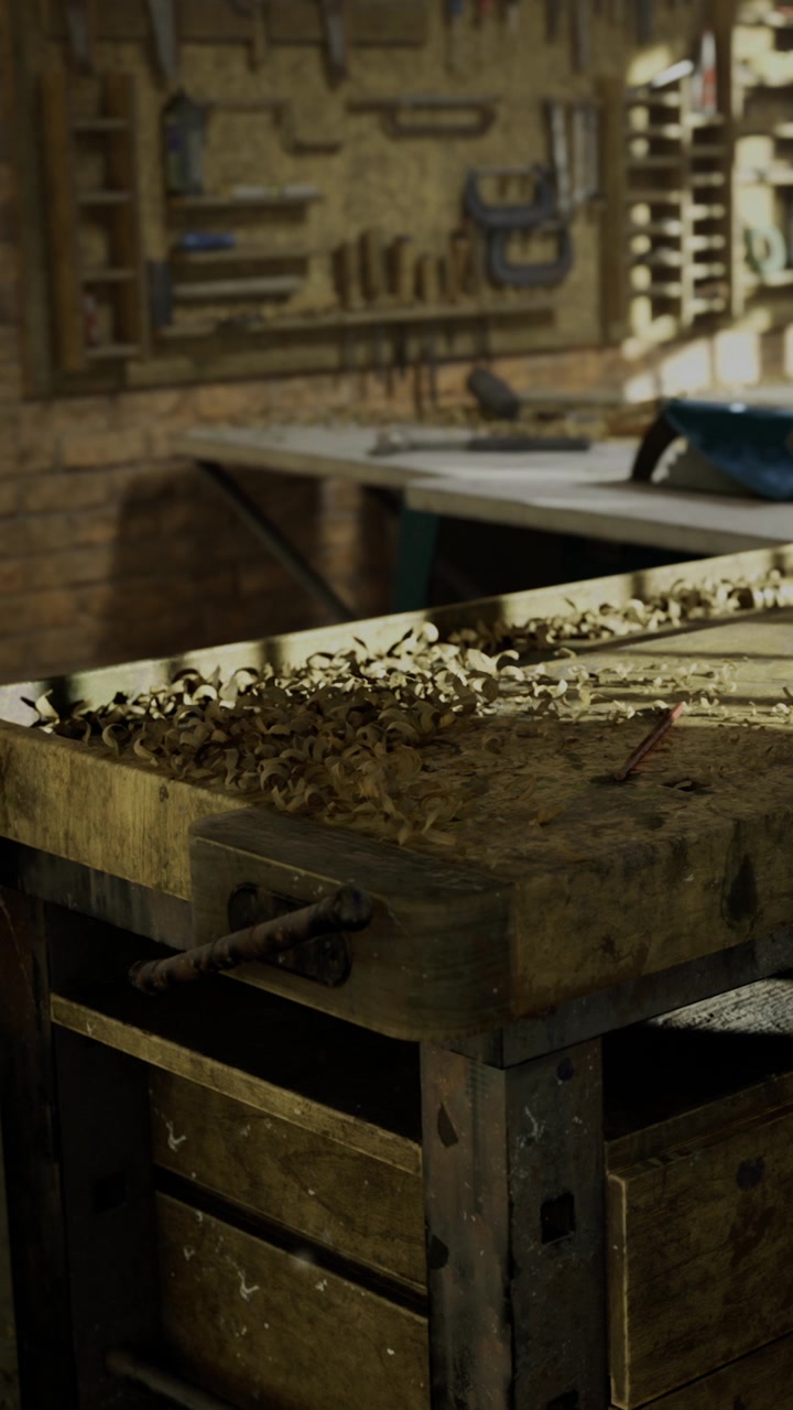 Woodworking shop with shavings scattered on workbench during the day