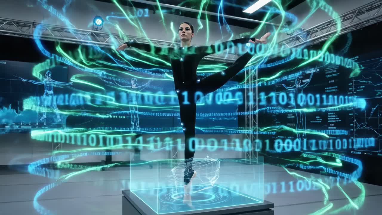 Ballerina in Motion Capture Suit Performing with Digital Data Overlay