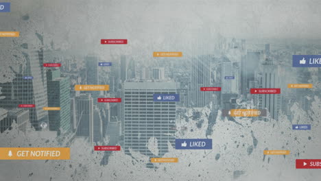 social media notifications appearing animation over cityscape background