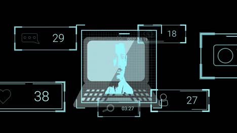 Animation-Von-Social-Media-Reaktionen,-Benutzern-Und-Laptop-Auf-Schwarzem-Hintergrund