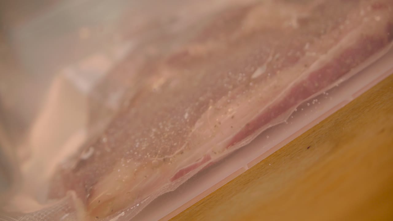 수비드 요리를 준비하기 위해 생고기를 포장하는 진공 패커 수축의 클로즈업 보기