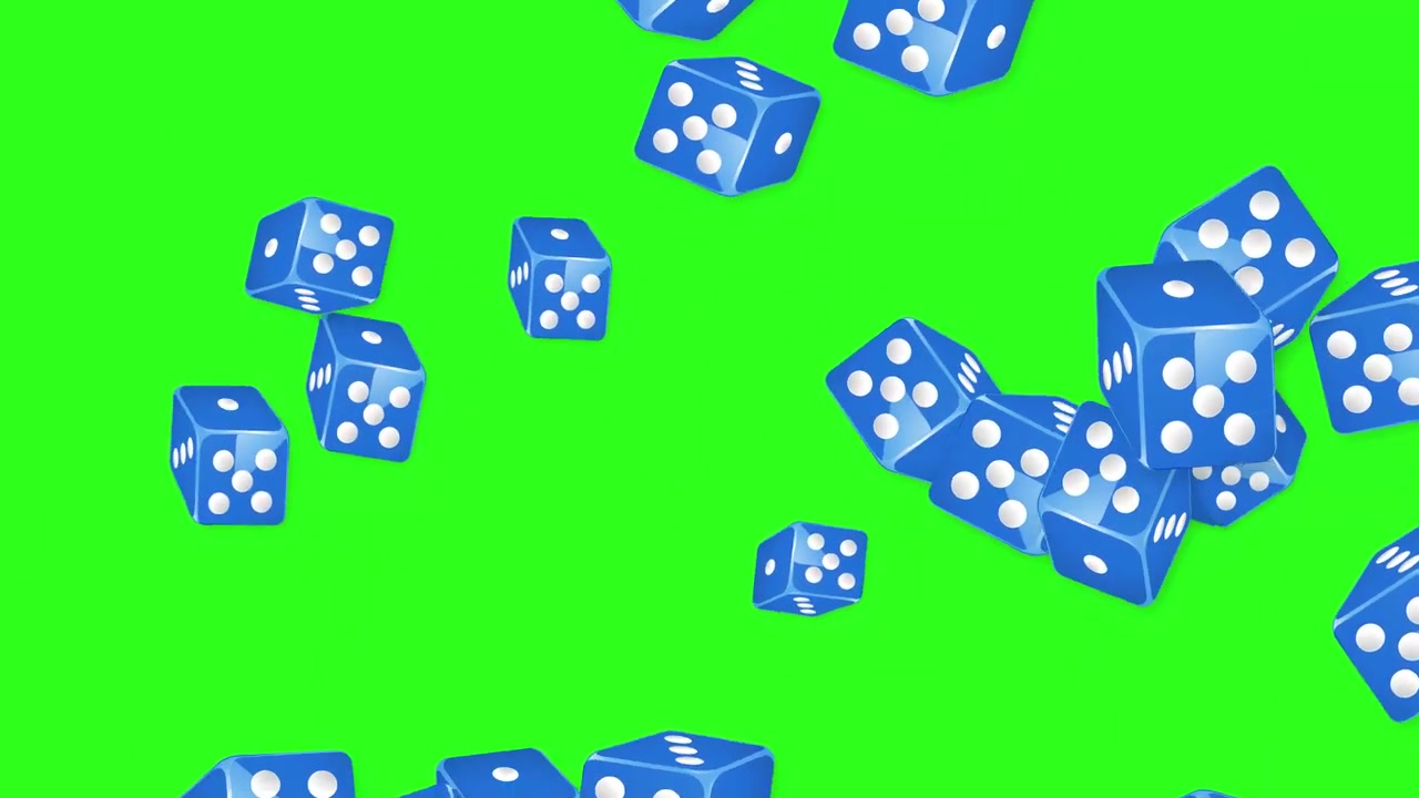 Dadi da gioco blu cadono e rotolano nell'aria su uno sfondo a schermo verde
