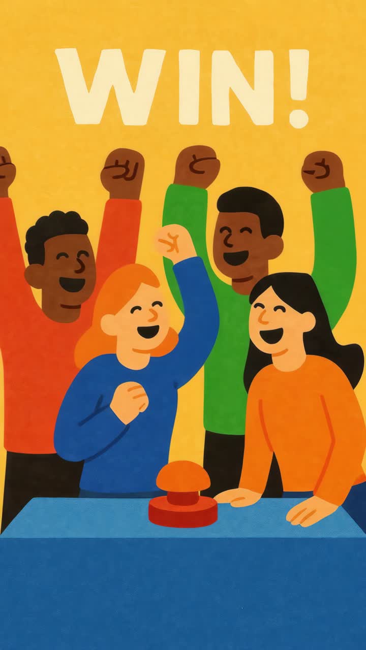 Illustration of diverse group celebrating a win, viewed from a front angle