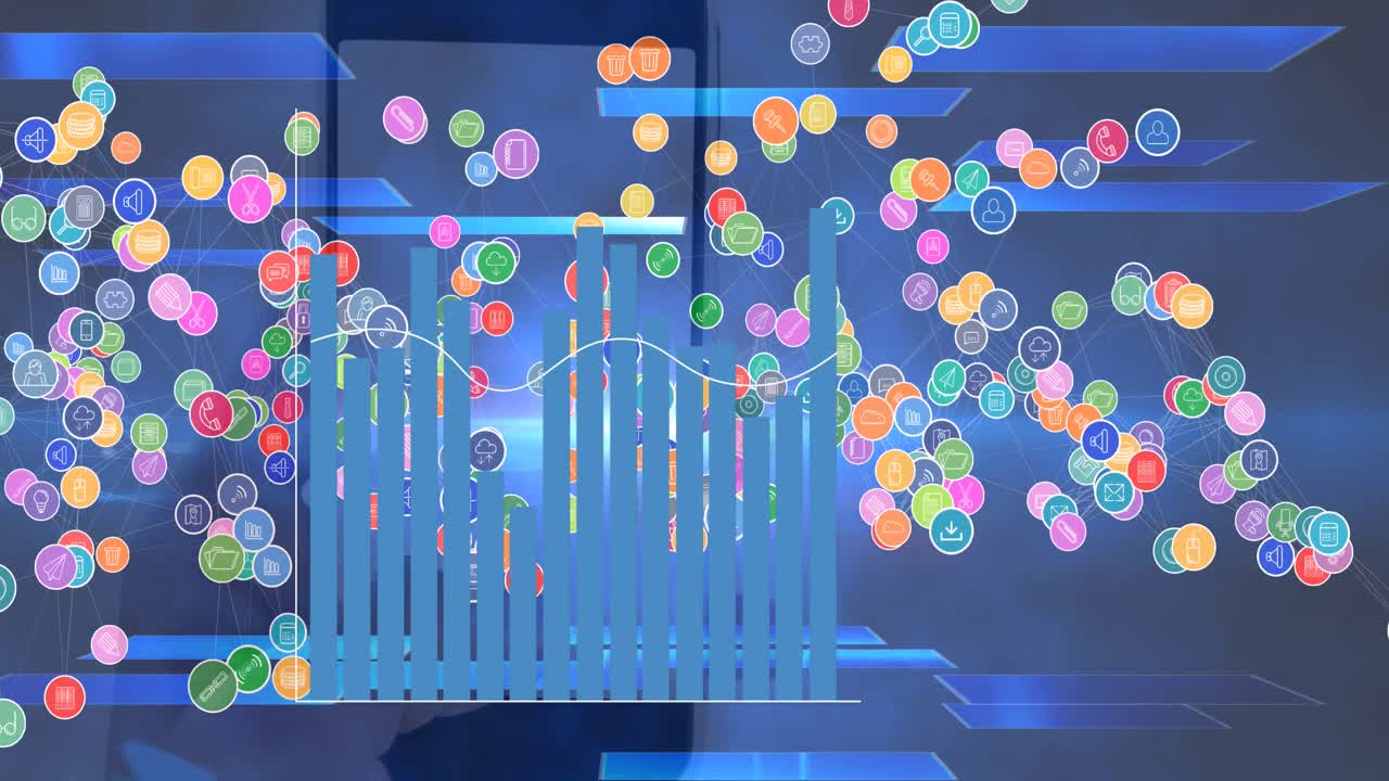 Animation of network of digital icons and statistical data processing over smartphone with qr code