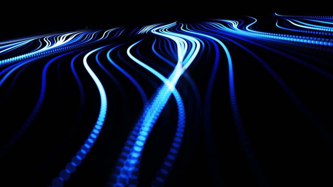 fondo de bucle 3d abstracto con partículas de brillo azul forman líneas curvas y líneas forman la estructura de la superficie en el espacio 3d. bucle vj festivo con partículas. fondo de diseño de movimiento