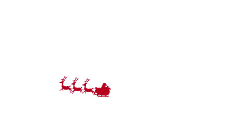 digital animation of red silhouette of santa claus in sleigh being pulled by reindeers against white