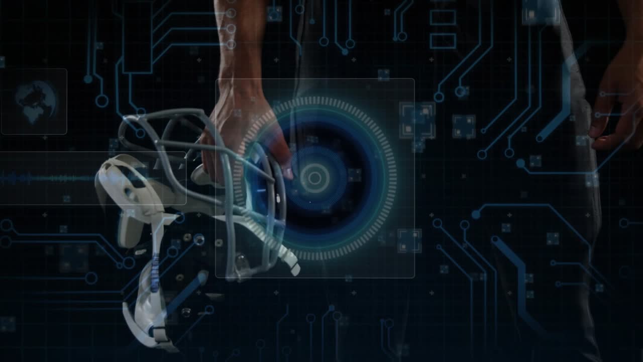 Athlete gripping football helmet activating HUD overlay over grid wall demonstrating technology