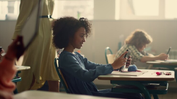 Menina usando tablet digital na aula. Professora caminhando na sala de aula.
