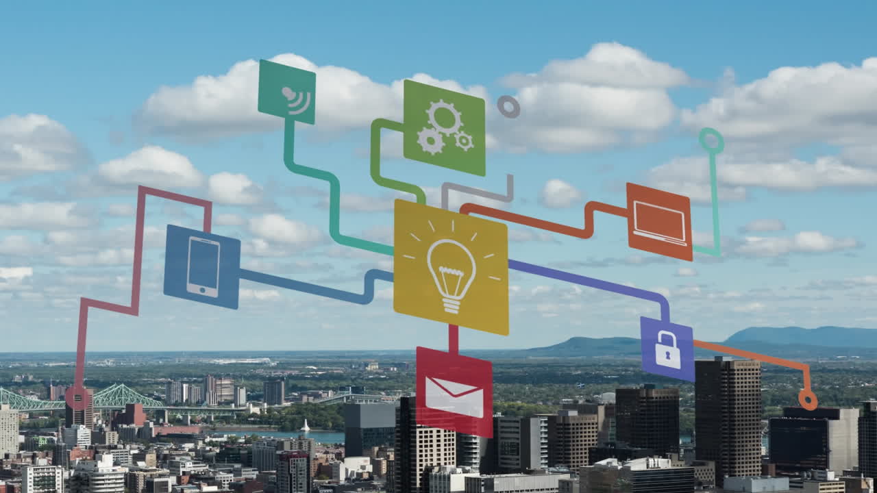 도시 풍경에 대한 연결 및 데이터 처리의 애니메이션