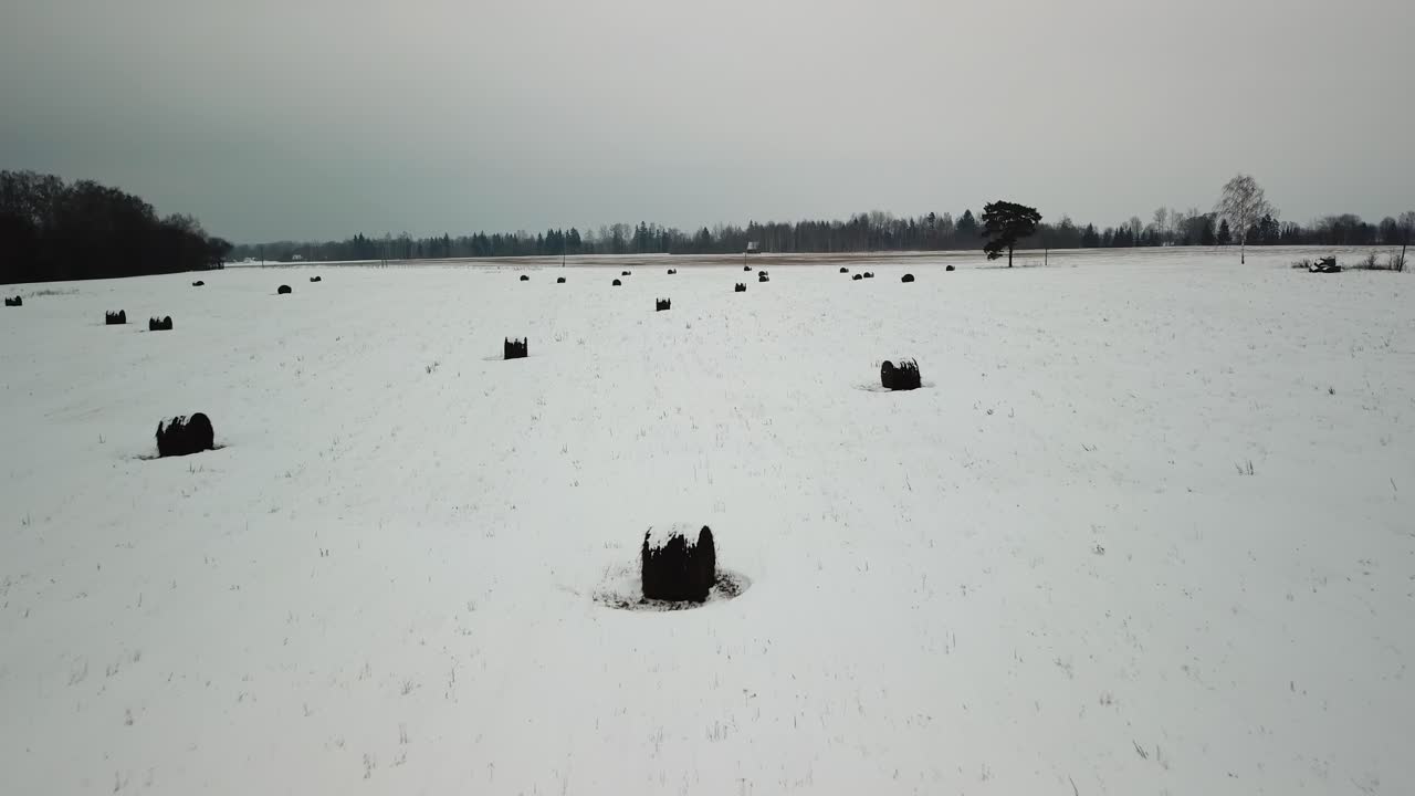 Ripresa aerea che sorvola rotoballe di fieno sparse nel campo in inverno