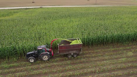 corn biomass production, tractor with crushing machine on field, aerial static view