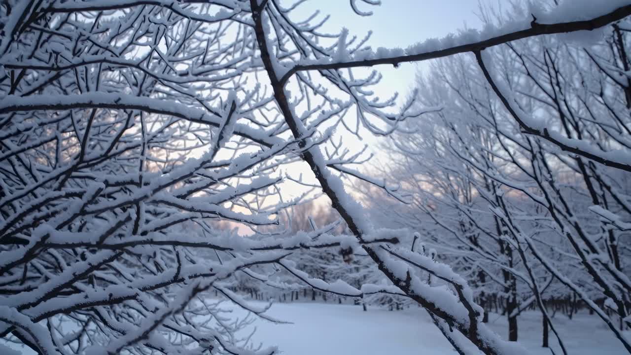 Close-up video of a snow-covered pine cone on a branch, shot from a low angle, capturing the serene
