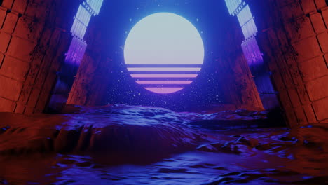 cyberspace tunnel with rocks and sun