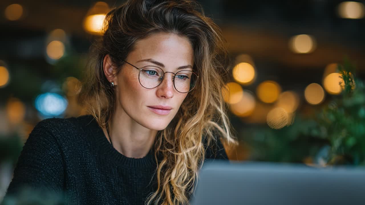 Focused Woman Engaged in Work on Laptop Surrounded by Warm, Ambient Lighting in a Cozy Workspace, Reflecting Creativity and Modern Professionalism