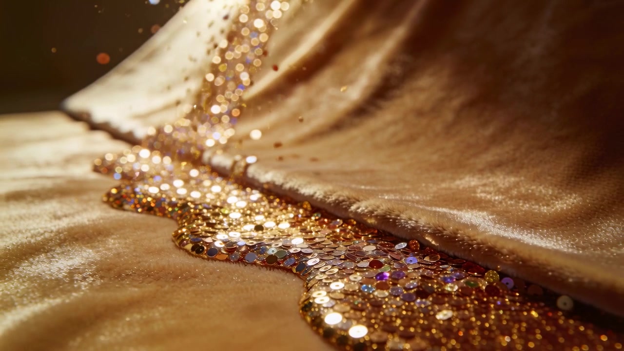 Paillettes dorate iridescenti che cadono accumulandosi lungo la cucitura di un raso drappeggiato sul tavolo dello studio creando uno scintillio
