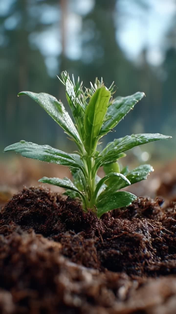 The Resilience of Nature: A Growing Plant Emerging from Rich Soil, Showcasing Life's Tenacious Beauty in a Lush Forest Environment