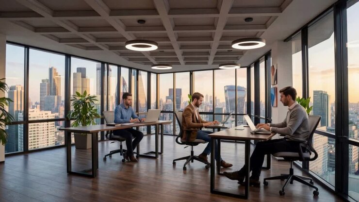 Professionisti aziendali che lavorano in modo indipendente sui laptop all'interno di un moderno ufficio open space con vista sullo skyline.