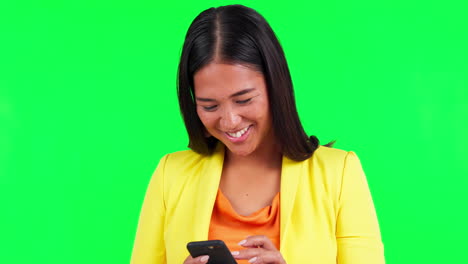 Green-screen,-texting-and-happy-woman-laughing