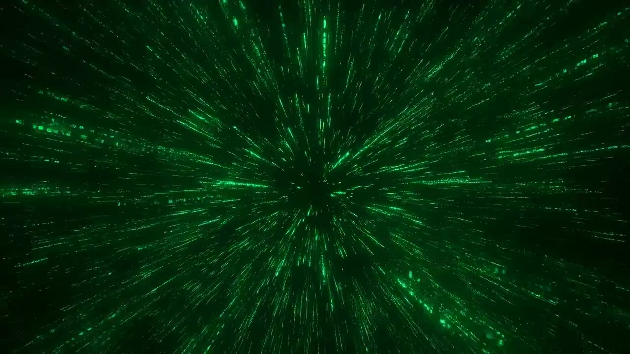 Denso campo de rayas verde neón y partículas luminosas converge hacia un centro oscuro, creando una fuerte profundidad de túnel, contraste vívido, sensación de movimiento abstracto simétrico y atmósfera digital futurista