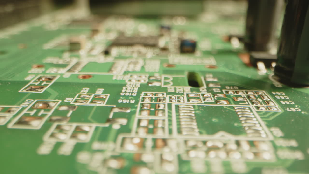 Beautiful macro dolly of components on a modem's circuit board, showing the sophisticated system of modern technology