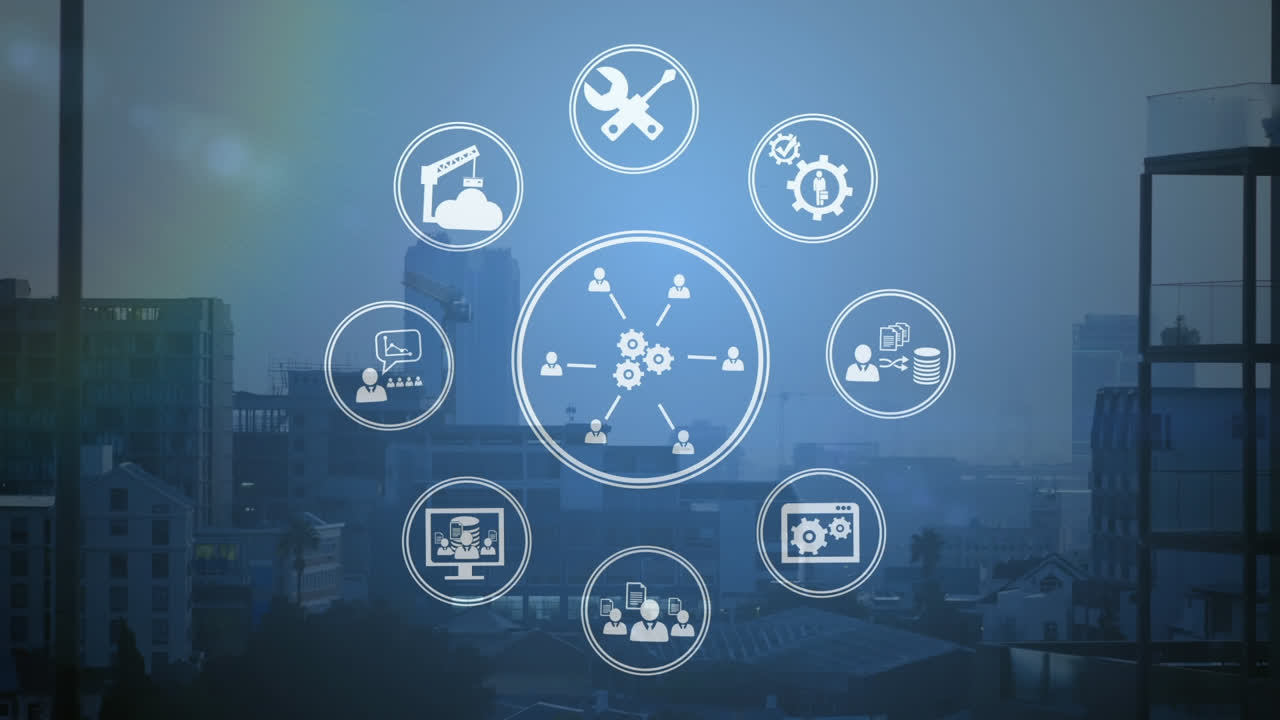 animación de iconos digitales que giran contra la vista aérea del paisaje urbano