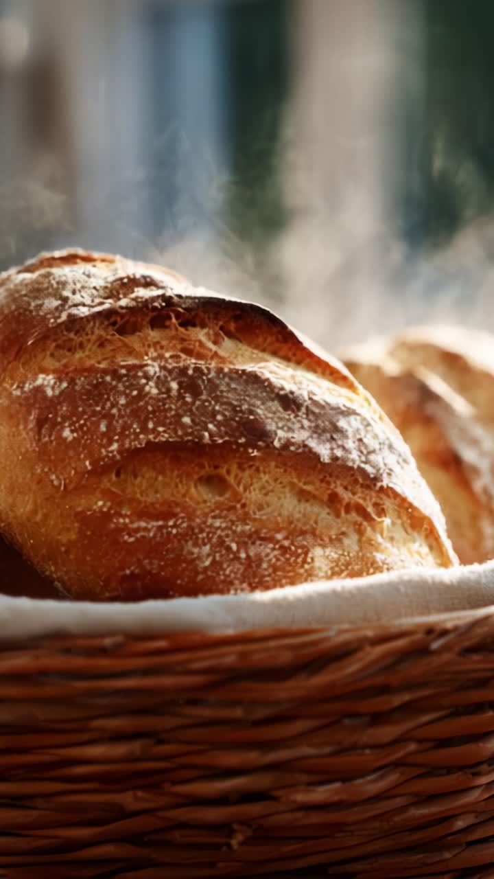 Freshly Baked Artisan Bread Loaves Steaming in a Basket Highlighting Their Golden Crust and Soft Interior, Perfect for Any Meal or Gathering Fresh Out of the Oven
