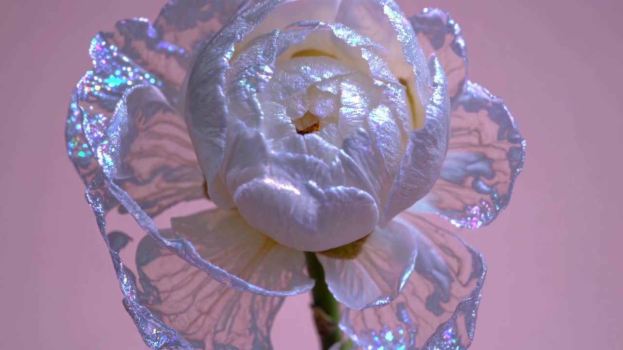 Close-up video of a shimmering flower with iridescent petals, captured from a low angle