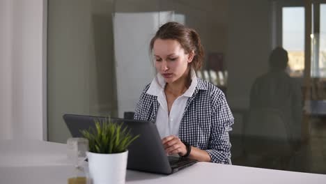 Chica-Con-Cola-De-Caballo-Usa-Laptop-En-Estudio-Moderno-De-Loft