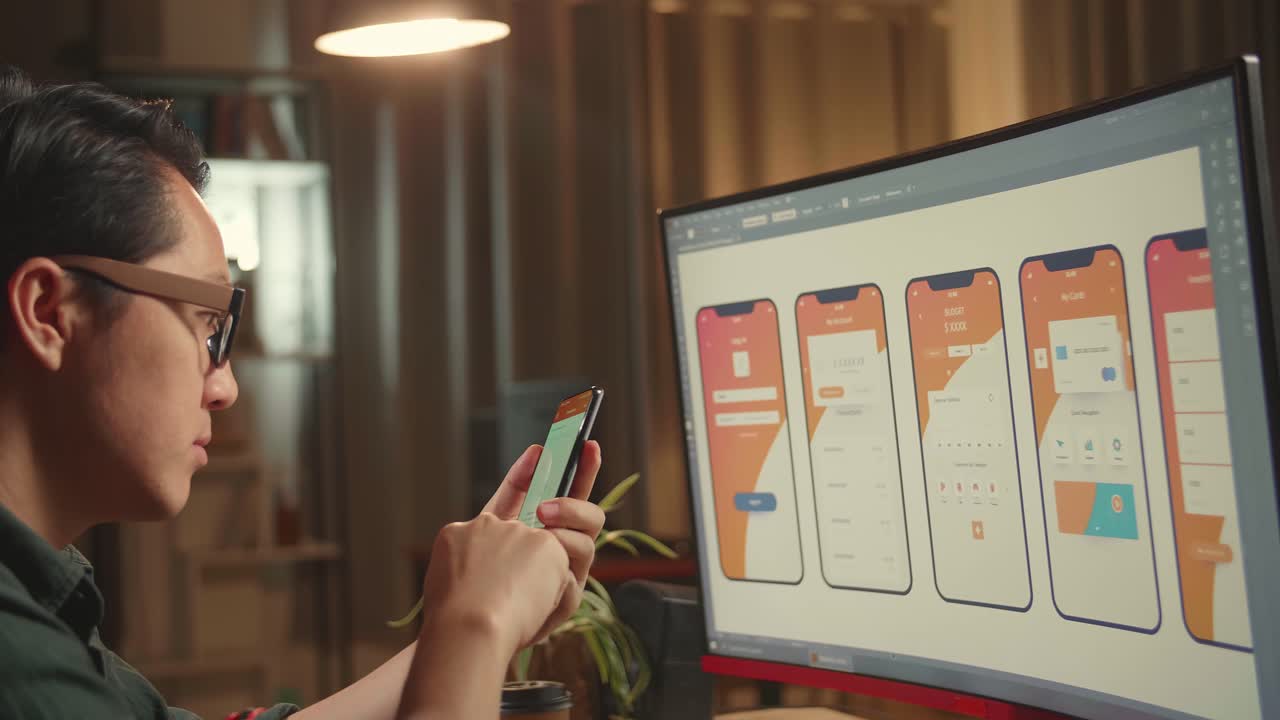 Asian Male Mobile Application Developer Works And Using Mobile Phone With Graphics On His Personal Computer. He Works At Night