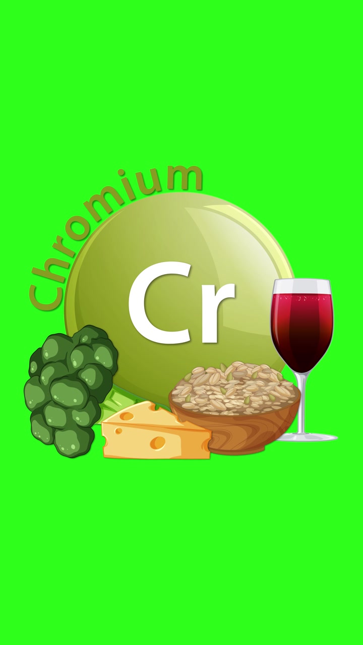 Un'animazione in green screen transita da un'icona dell'elemento cromo per includere broccoli, formaggio, cereali e un bicchiere di liquido rosso, evidenziando le fonti alimentari.