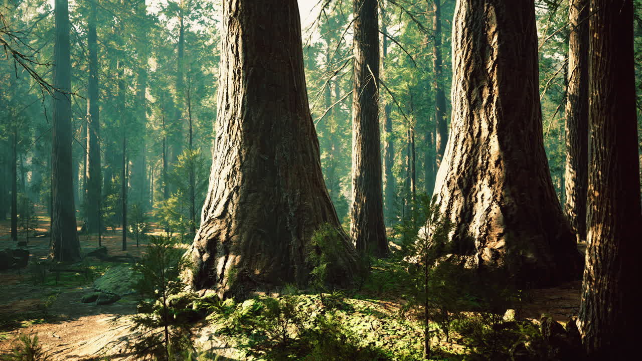 Maestose sequoie che si ergono in un vivace ambiente forestale
