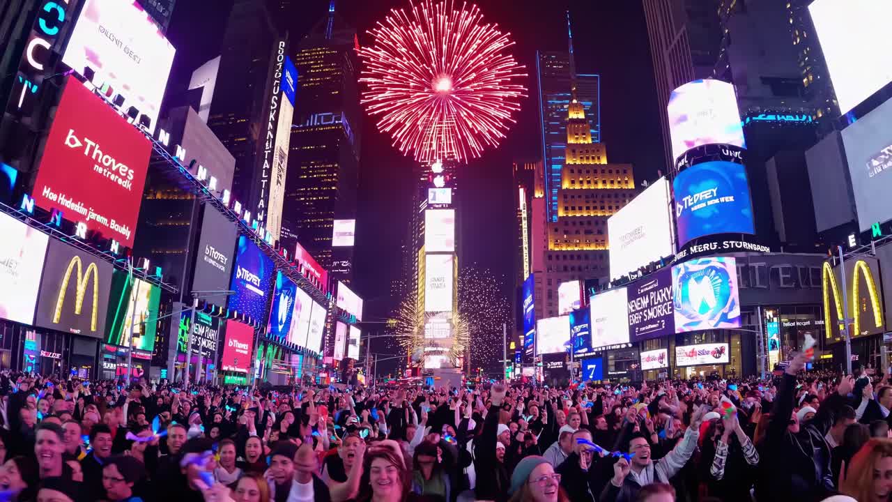 Vibrant celebration scene with diverse crowd cheering under colorful fireworks and bright digital displays, capturing the excitement of a festive atmosphere in a bustling urban environment