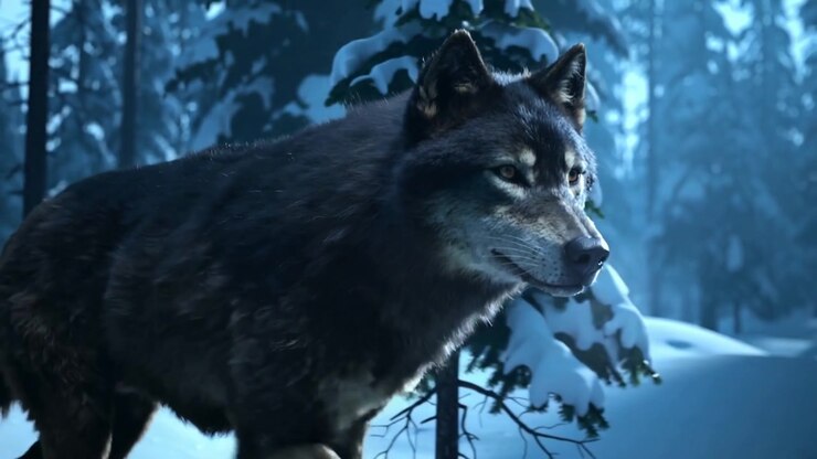 Lobo gris adulto en movimiento respondiendo a un sonido distante, cruzando un bosque de pinos nevado y deteniéndose, con niebla.