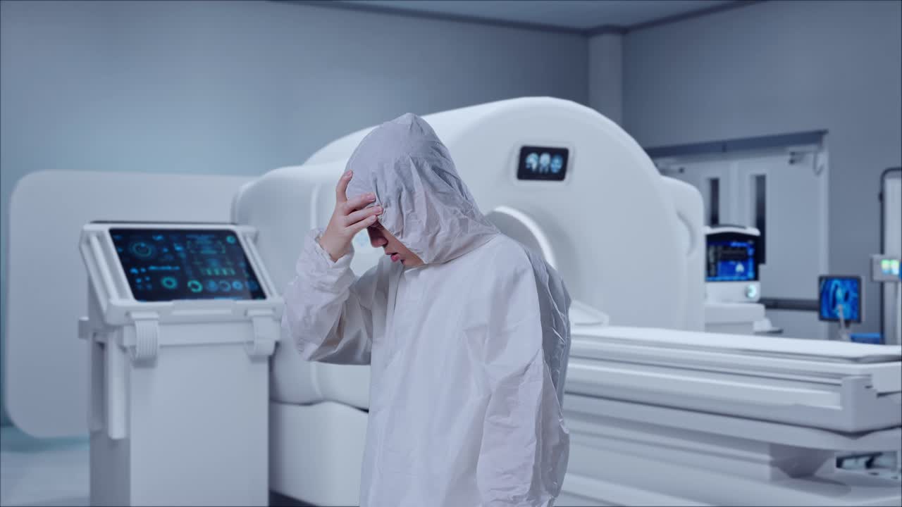 Side View Of Asian Male Scientist Having A Headache While Standing With MRI Machine In The Hospital