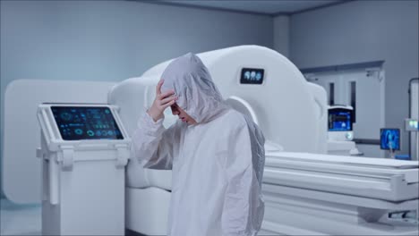 side view of asian male scientist having a headache while standing with mri machine in the hospital