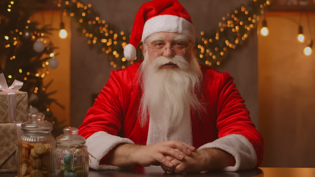 카메라를 바라보는 헤드 행복한 은 수염 산타클로스 의상을 입고 손을 흔들고 으로 전화하는 비디오 녹음 비디오 메리 크리스마스 인사 얼굴 카메라 뷰 고품질 4k 영상