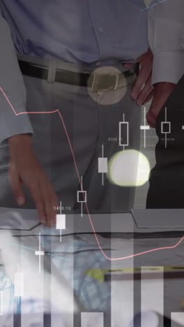 animation of statistics and financial data processing over architects with plans in meeting