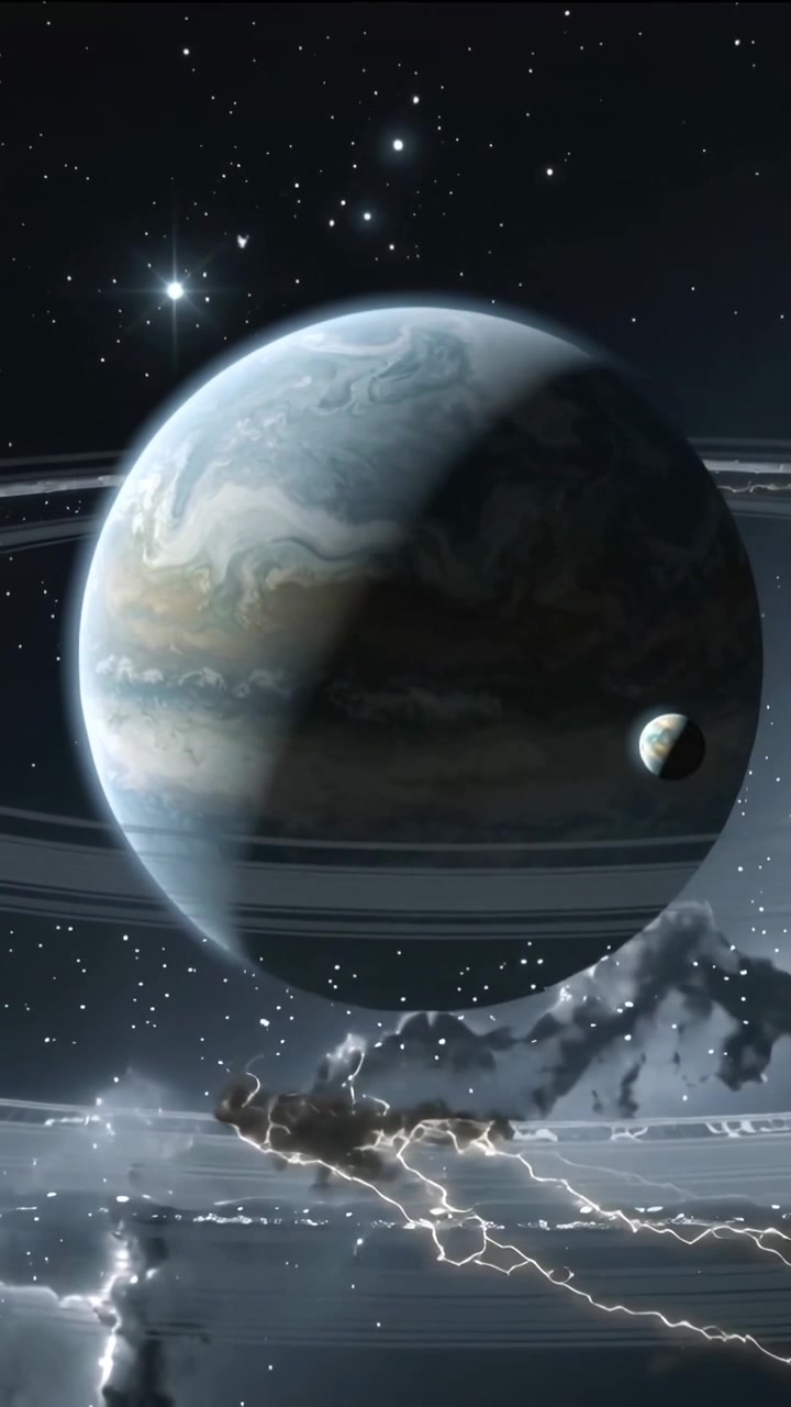 Vertical video: Panning camera ringed gas giant in space, rings flashing, moon moving in by orbit